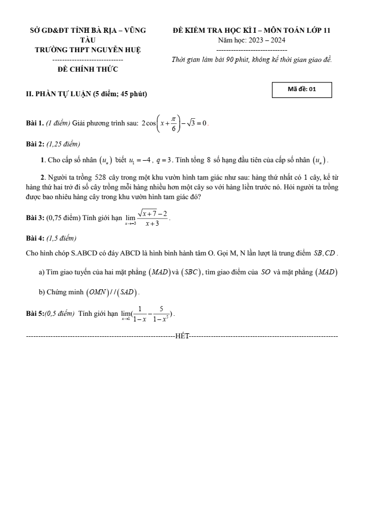 Đề thi Học kì 1 Toán 11 năm 2023-2024 trường THPT Nguyễn Huệ (BR VT)