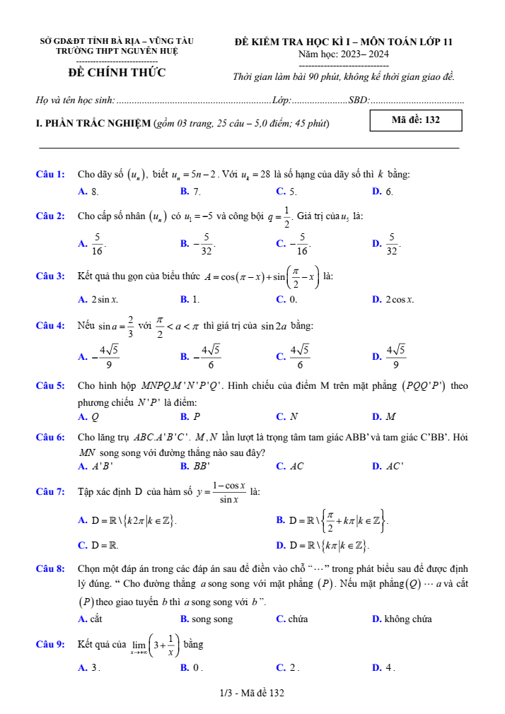 Đề thi Học kì 1 Toán 11 năm 2023-2024 trường THPT Nguyễn Huệ (BR VT)