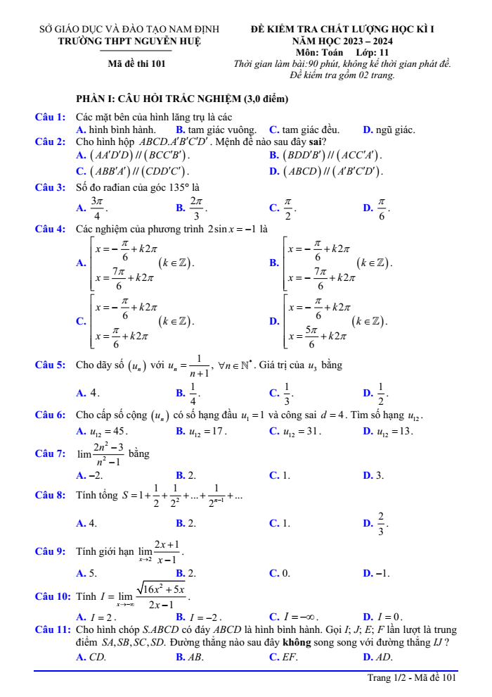 Đề thi Học kì 1 Toán 11 năm 2023-2024 trường THPT Nguyễn Huệ (Nam Định)
