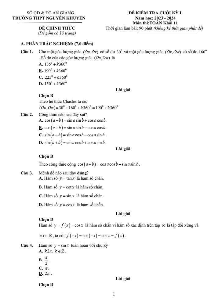 Đề thi Học kì 1 Toán 11 năm 2023-2024 trường THPT Nguyễn Khuyến (An Giang)