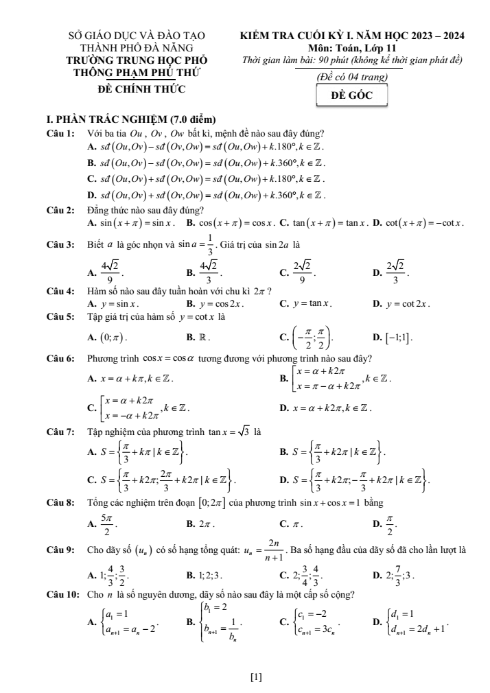 Đề thi Học kì 1 Toán 11 năm 2023-2024 trường THPT Phạm Phú Thứ (Đà Nẵng)