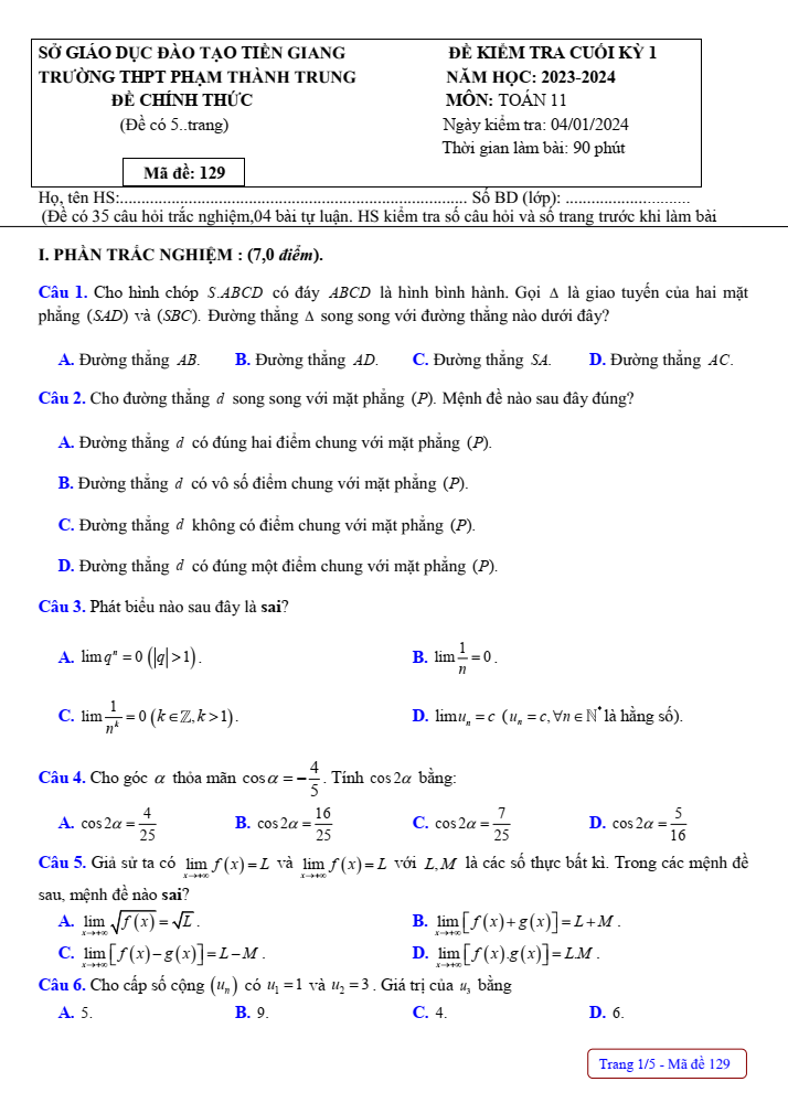 Đề thi Học kì 1 Toán 11 năm 2023-2024 trường THPT Phạm Thành Trung (Tiền Giang)