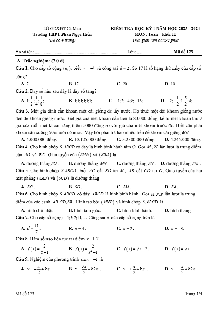 Đề thi Học kì 1 Toán 11 năm 2023-2024 trường THPT Phan Ngọc Hiển (Cà Mau)