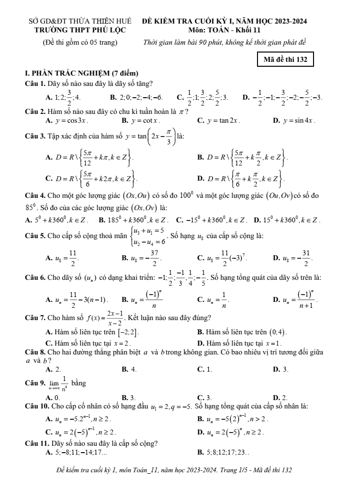 Đề thi Học kì 1 Toán 11 năm 2023-2024 trường THPT Phú Lộc (TT Huế)