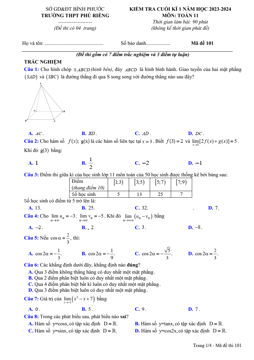 Đề thi Học kì 1 Toán 11 năm 2023-2024 trường THPT Phú Riềng (Bình Phước)