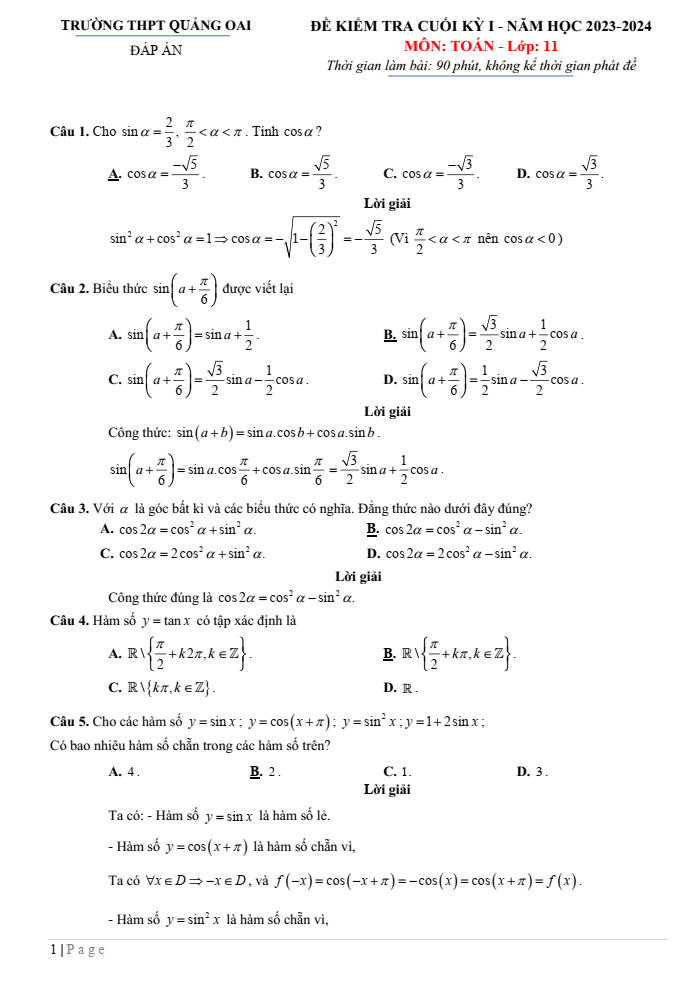 Đề thi Học kì 1 Toán 11 năm 2023-2024 trường THPT Quảng Oai (Hà Nội)