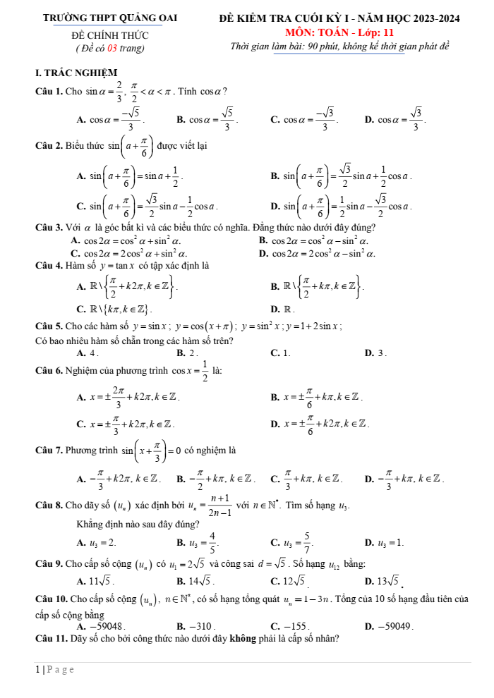 Đề thi Học kì 1 Toán 11 năm 2023-2024 trường THPT Quảng Oai (Hà Nội)