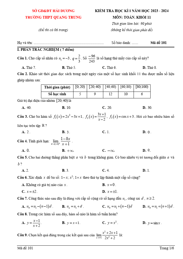Đề thi Học kì 1 Toán 11 năm 2023-2024 trường THPT Quang Trung (Hải Dương)