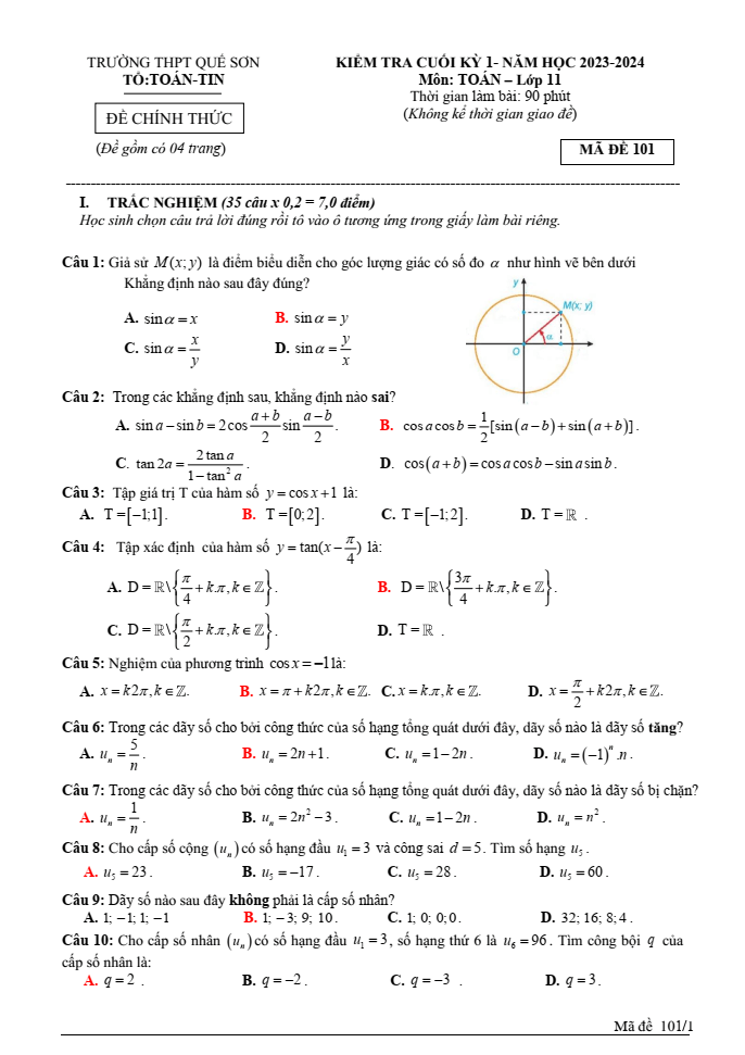 Đề thi Học kì 1 Toán 11 năm 2023-2024 trường THPT Quế Sơn (Quảng Nam)