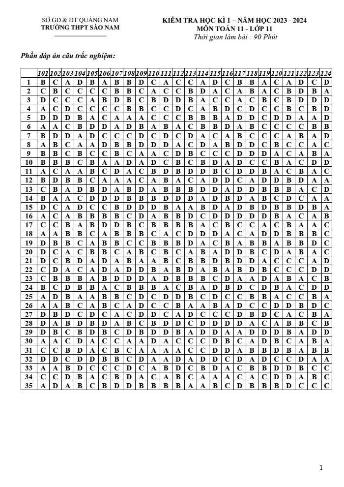 Đề thi Học kì 1 Toán 11 năm 2023-2024 trường THPT Sào Nam (Quảng Nam)