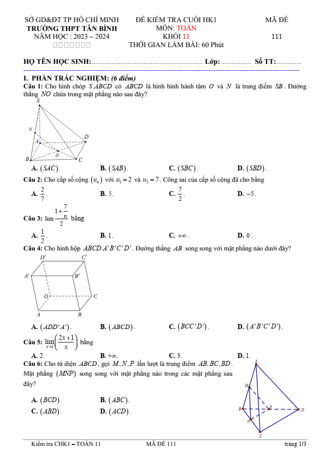 Đề thi Học kì 1 Toán 11 năm 2023-2024 trường THPT Tân Bình (TP HCM)