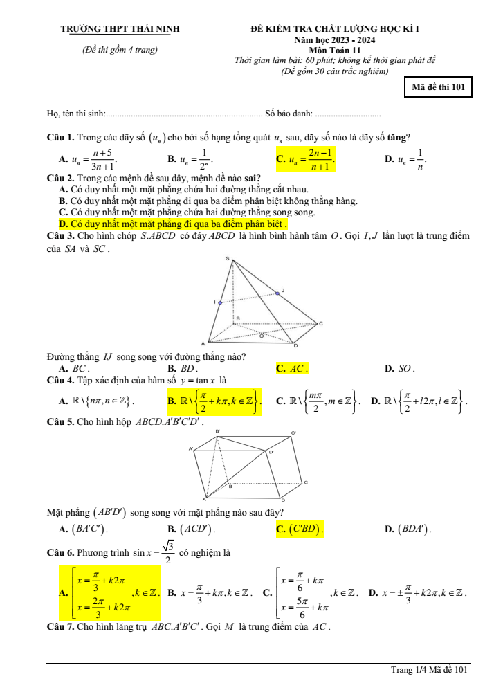 Đề thi Học kì 1 Toán 11 năm 2023-2024 trường THPT Thái Ninh (Thái Bình)