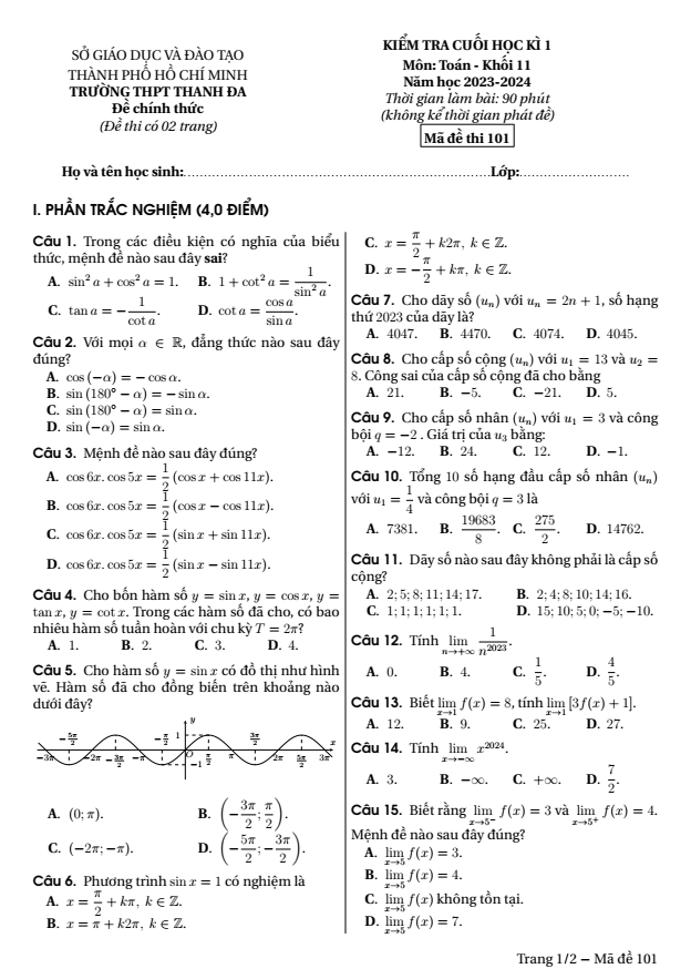Đề thi Học kì 1 Toán 11 năm 2023-2024 trường THPT Thanh Đa (TP HCM)