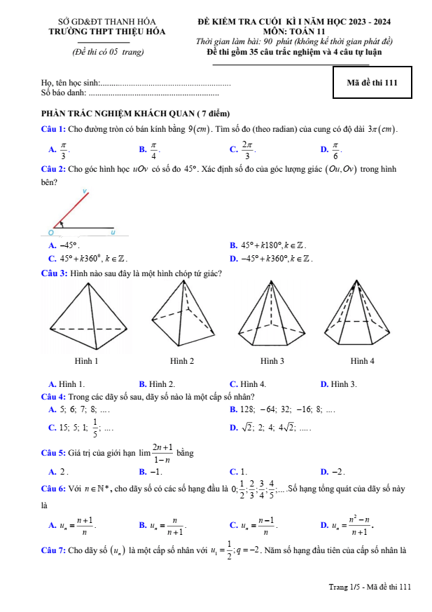Đề thi Học kì 1 Toán 11 năm 2023-2024 trường THPT Thiệu Hóa (Thanh Hóa)