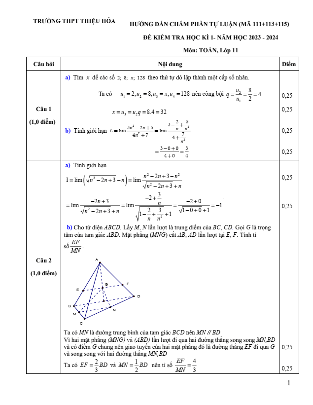 Đề thi Học kì 1 Toán 11 năm 2023-2024 trường THPT Thiệu Hóa (Thanh Hóa)