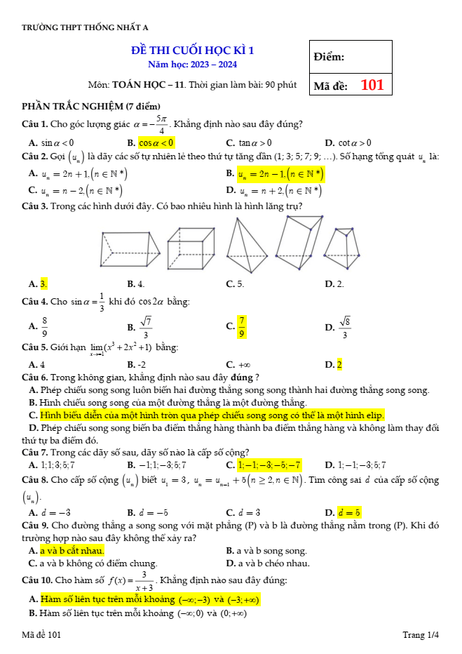 Đề thi Học kì 1 Toán 11 năm 2023-2024 trường THPT Thống Nhất A (Đồng Nai)