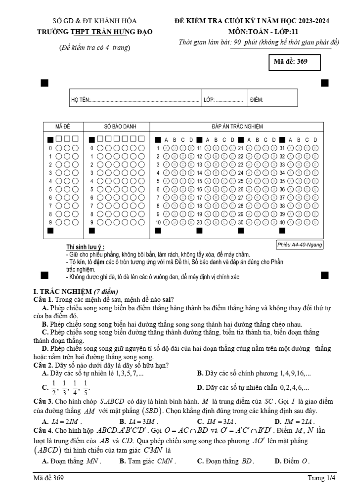 Đề thi Học kì 1 Toán 11 năm 2023-2024 trường THPT Trần Hưng Đạo (Khánh Hòa)