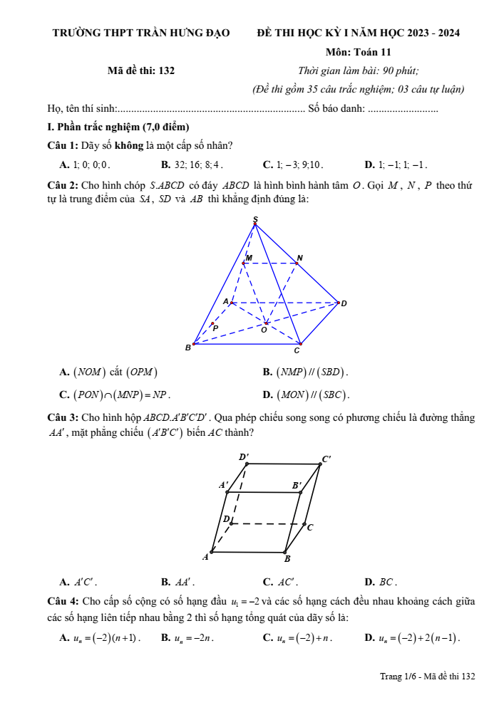 Đề thi Học kì 1 Toán 11 năm 2023-2024 trường THPT Trần Hưng Đạo (Ninh Bình)