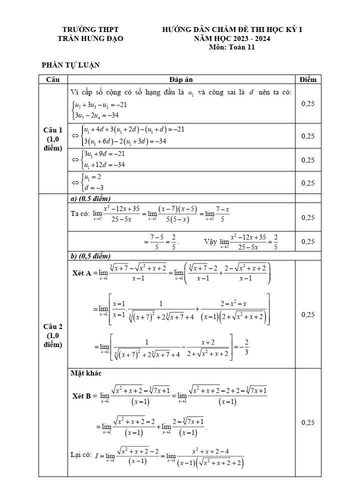 Đề thi Học kì 1 Toán 11 năm 2023-2024 trường THPT Trần Hưng Đạo (Ninh Bình)