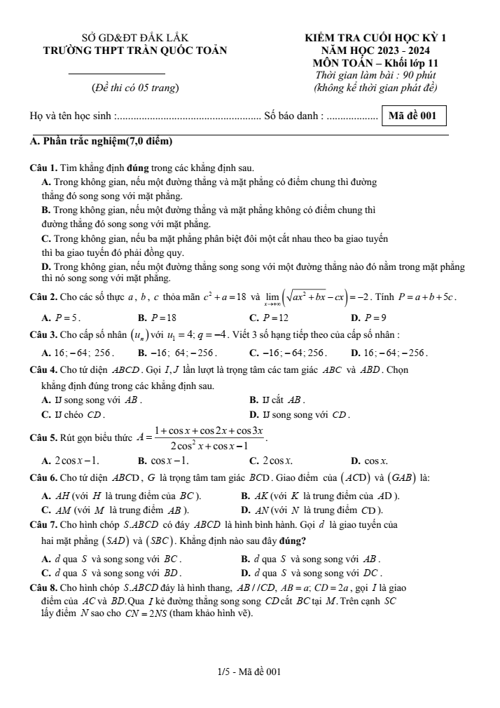 Đề thi Học kì 1 Toán 11 năm 2023-2024 trường THPT Trần Quốc Toản (Đắk Lắk)