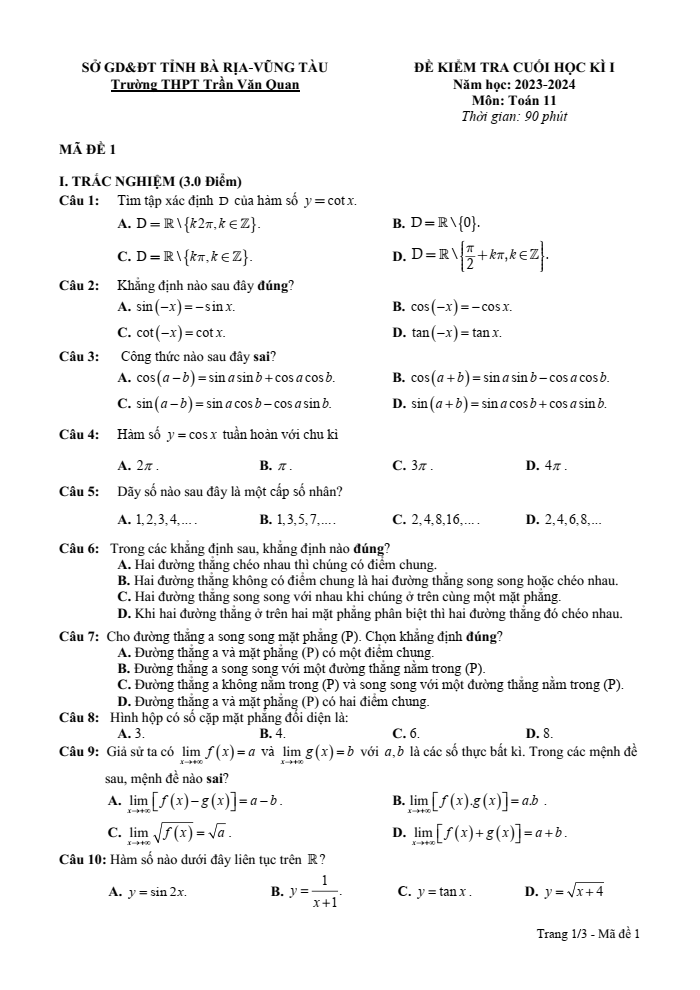 Đề thi Học kì 1 Toán 11 năm 2023-2024 trường THPT Trần Văn Quan (BR VT)