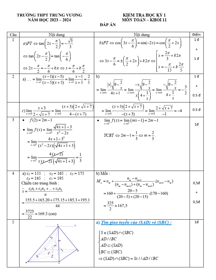 Đề thi Học kì 1 Toán 11 năm 2023-2024 trường THPT Trưng Vương (TP HCM)