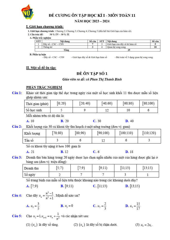 Đề thi Học kì 1 Toán 11 năm 2023-2024 trường THPT Việt Đức (Hà Nội)