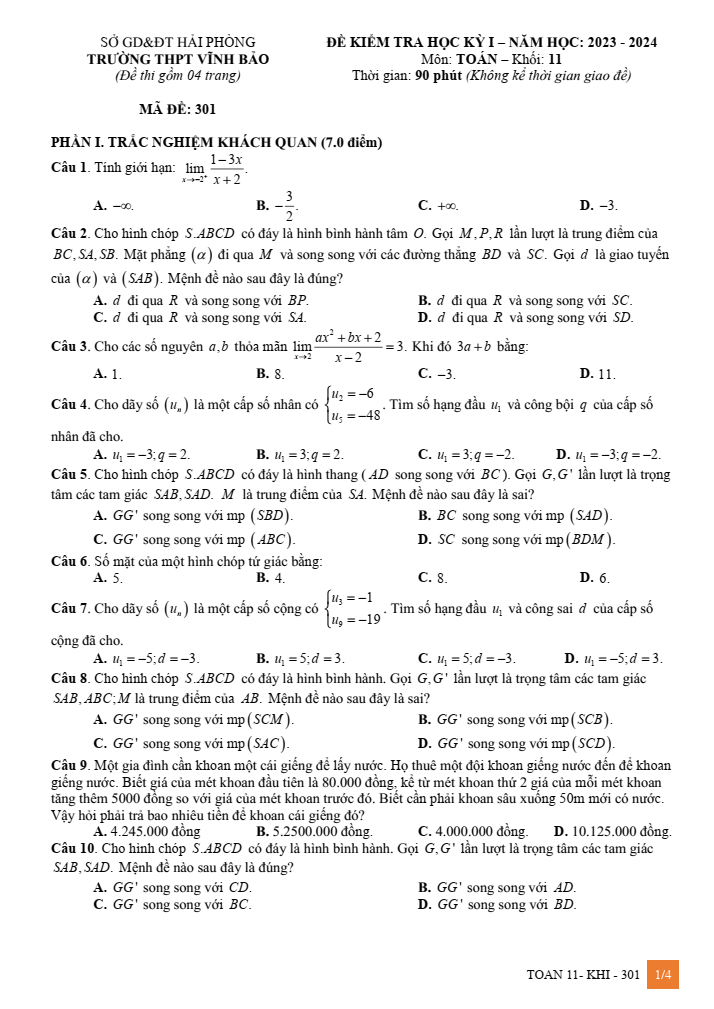 Đề thi Học kì 1 Toán 11 năm 2023-2024 trường THPT Vĩnh Bảo ( Hải Phòng)