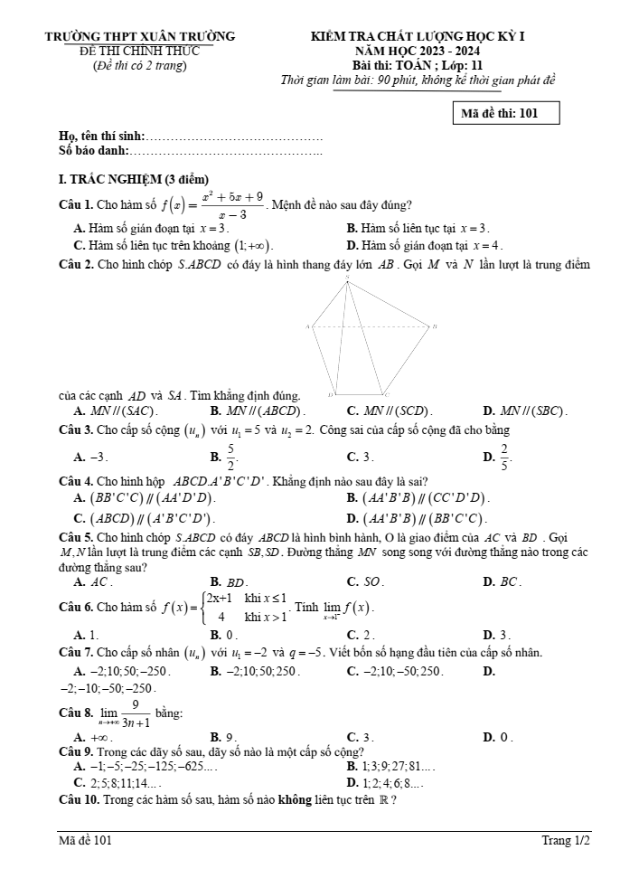 Đề thi Học kì 1 Toán 11 năm 2023-2024 trường THPT Xuân Trường (Nam Định)