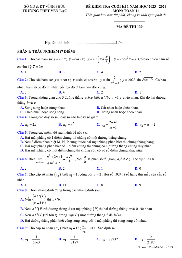 Đề thi Học kì 1 Toán 11 năm 2023-2024 trường THPT Yên Lạc (Vĩnh Phúc)