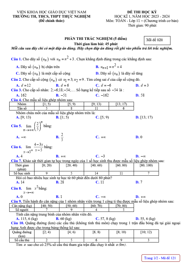 Đề thi Học kì 1 Toán 11 năm 2023-2024 trường Thực Nghiệm Khoa Học Giáo Dục (Hà Nội)