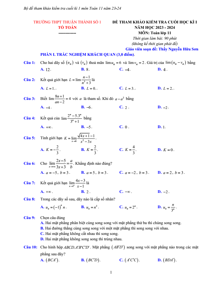 Đề thi Học kì 1 Toán 11 năm 2023-2024 trường Thuận Thành 1 (Bắc Ninh)