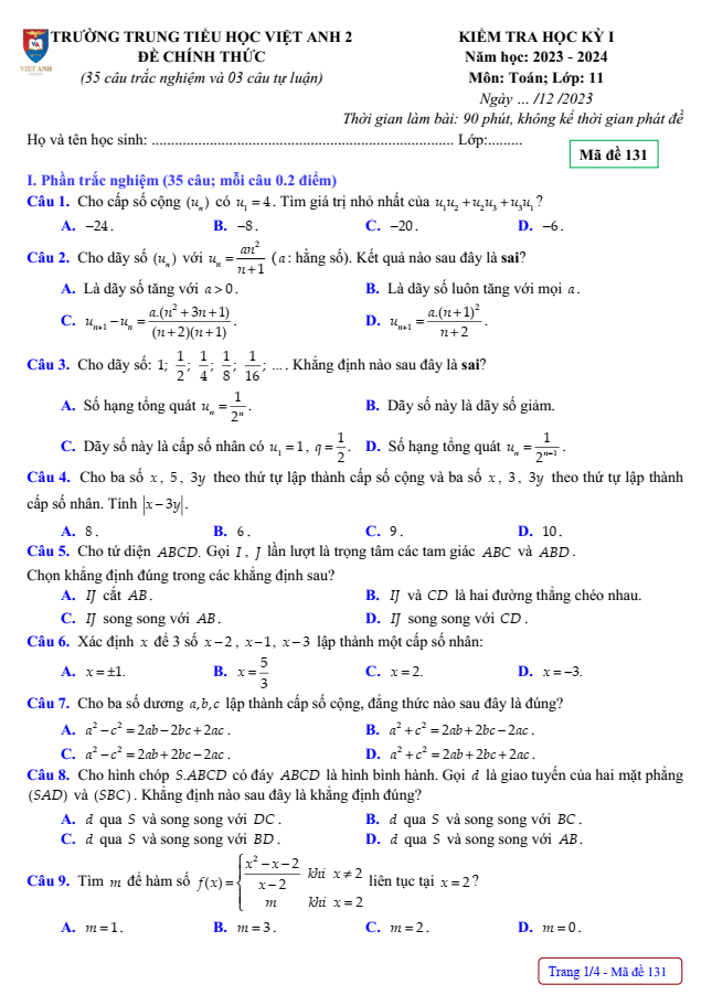 Đề thi Học kì 1 Toán 11 năm 2023-2024 trường Việt Anh 2 (Bình Dương)