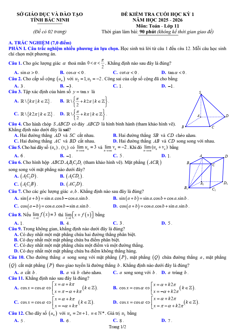 Đề thi Học kì 1 Toán 11 sở GD&ĐT Bắc Ninh năm 2025-2026