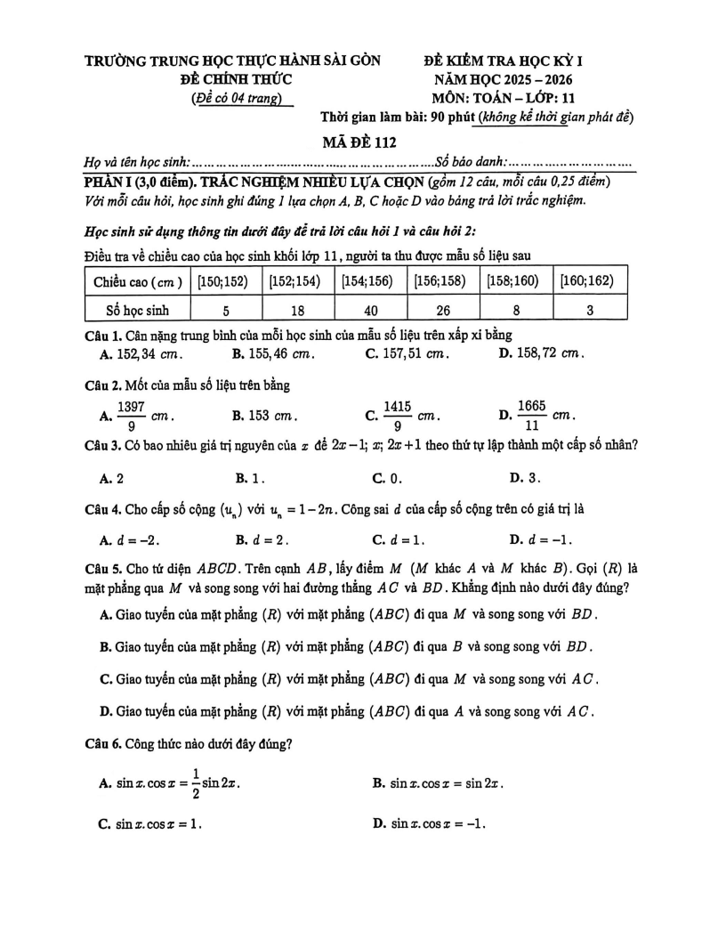 Đề thi Học kì 1 Toán 11 trường TH Thực hành Sài Gòn năm 2025-2026