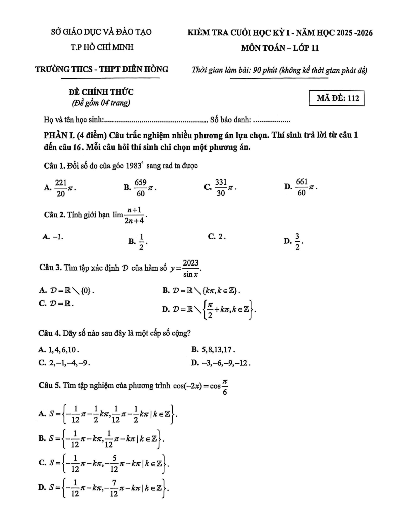 Đề thi Học kì 1 Toán 11 trường THCS-THPT Diên Hồng năm 2025-2026