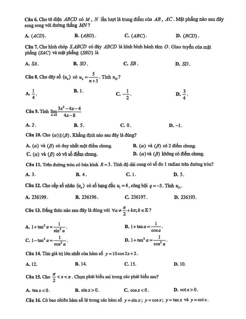 Đề thi Học kì 1 Toán 11 trường THCS-THPT Diên Hồng năm 2025-2026