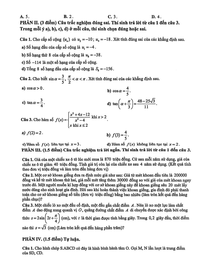 Đề thi Học kì 1 Toán 11 trường THCS-THPT Diên Hồng năm 2025-2026