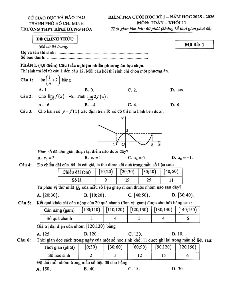 Đề thi Học kì 1 Toán 11 trường THPT Bình Hưng Hòa năm 2025-2026