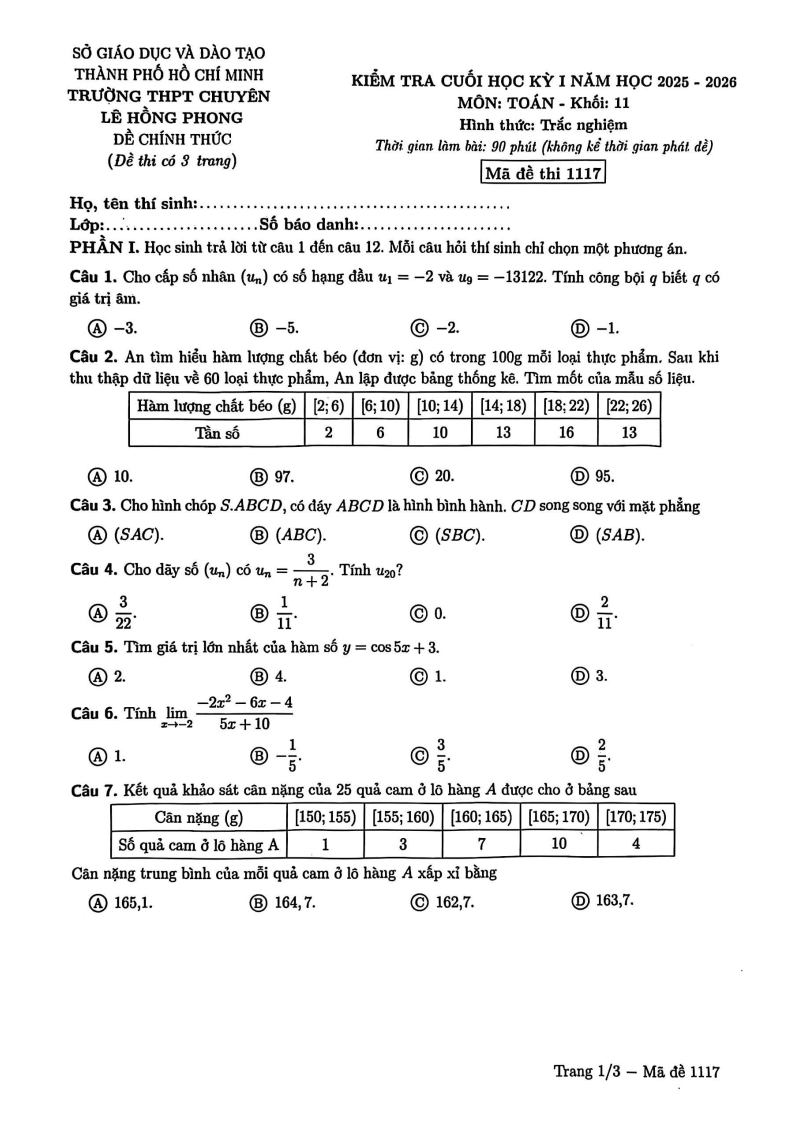 Đề thi Học kì 1 Toán 11 trường chuyên Lê Hồng Phong năm 2025-2026