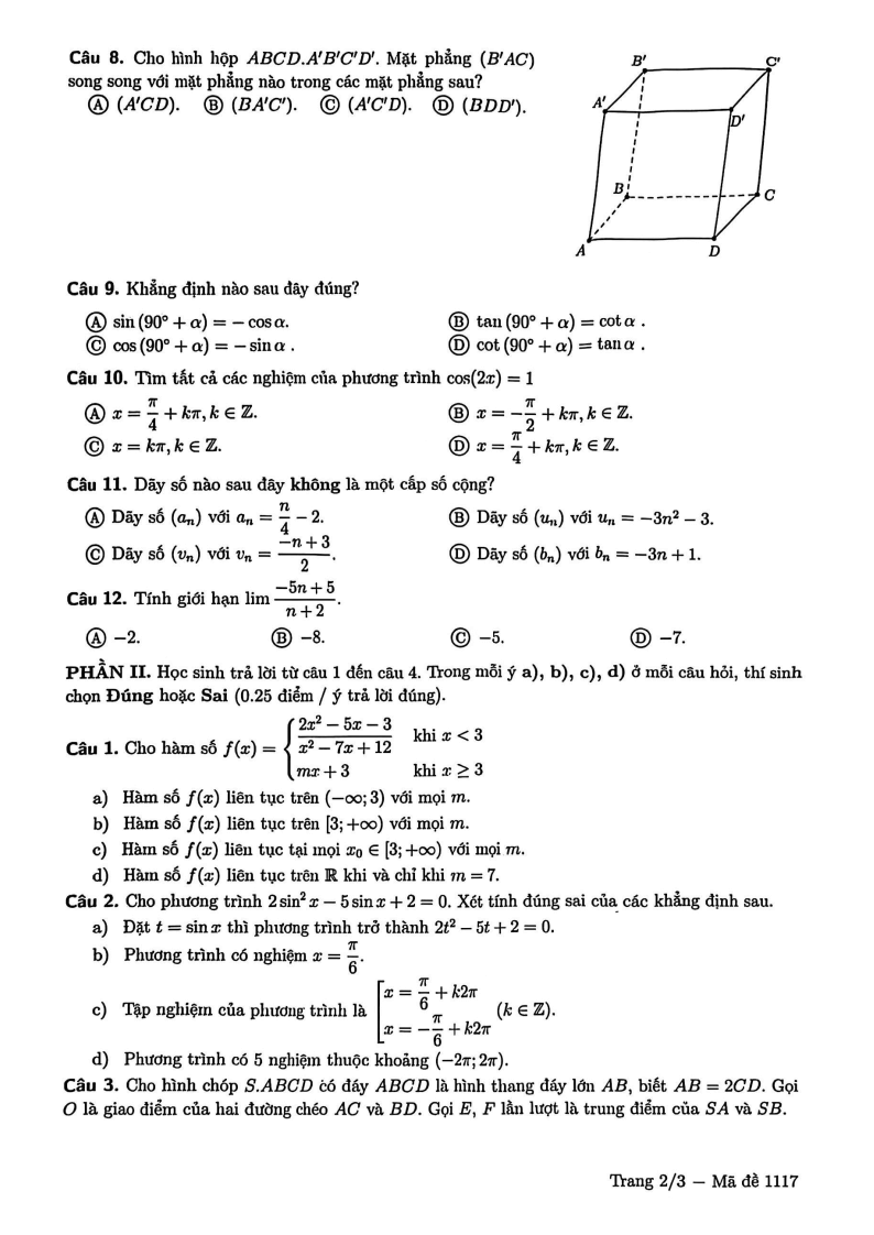 Đề thi Học kì 1 Toán 11 trường chuyên Lê Hồng Phong năm 2025-2026