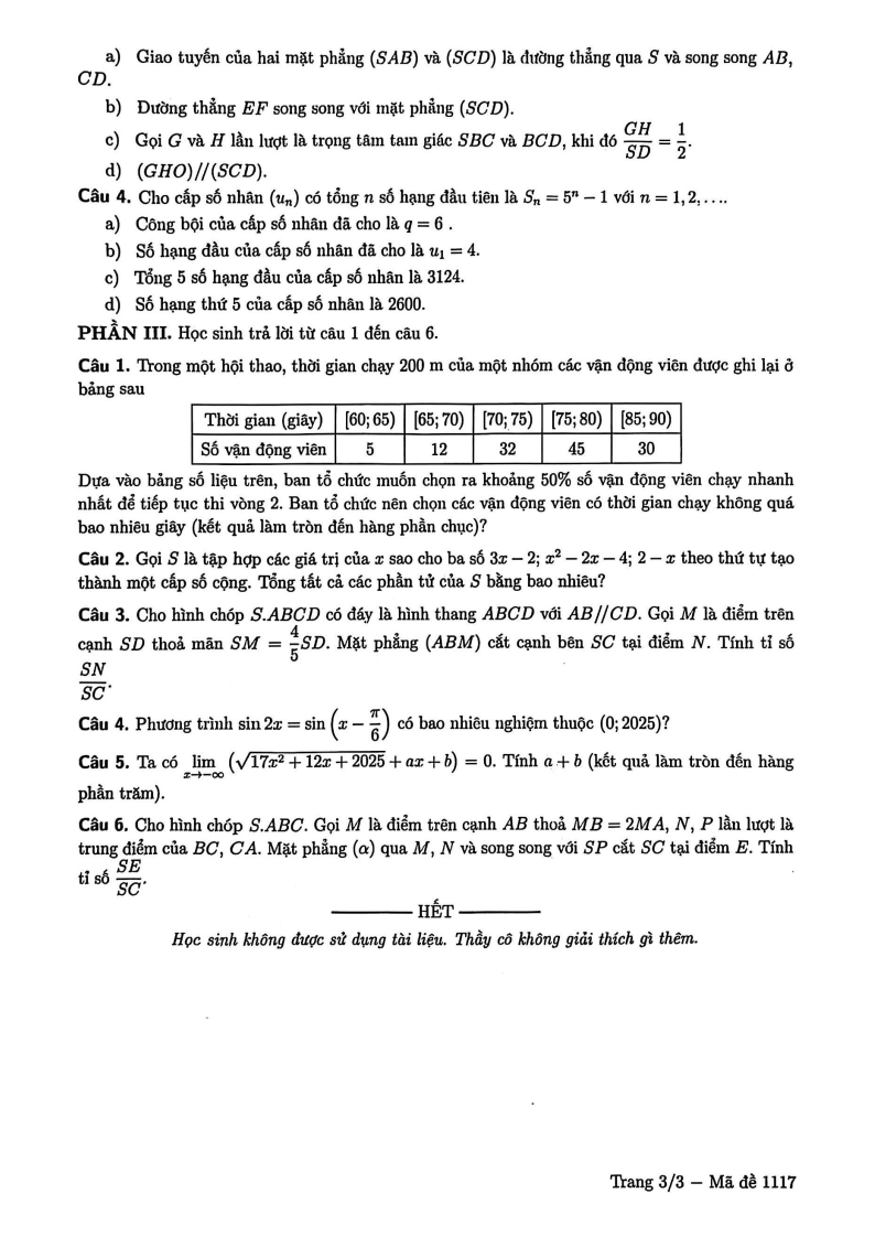 Đề thi Học kì 1 Toán 11 trường chuyên Lê Hồng Phong năm 2025-2026