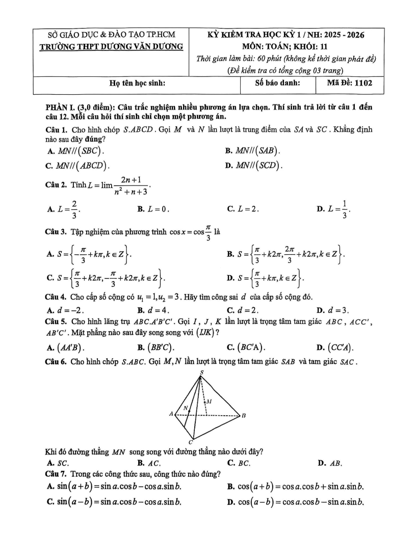 Đề thi Học kì 1 Toán 11 trường THPT Dương Văn Dương năm 2025-2026