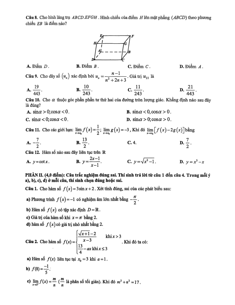 Đề thi Học kì 1 Toán 11 trường THPT Dương Văn Dương năm 2025-2026