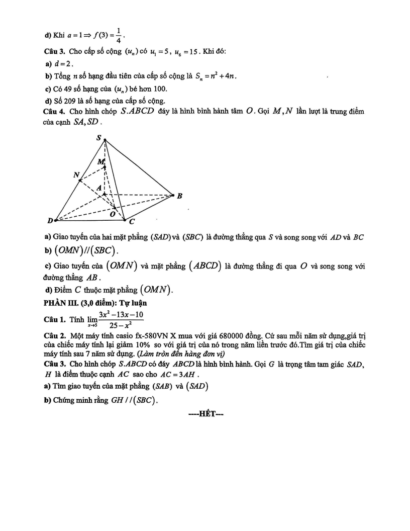Đề thi Học kì 1 Toán 11 trường THPT Dương Văn Dương năm 2025-2026