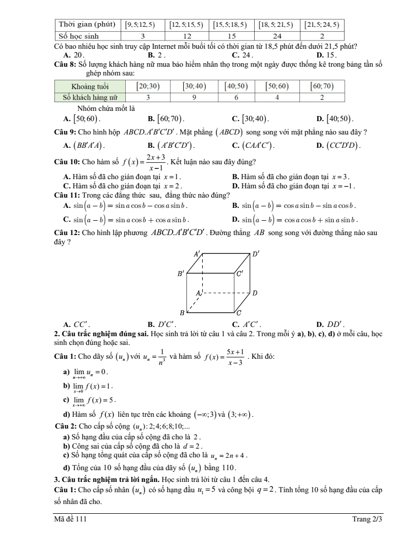 Đề thi Học kì 1 Toán 11 trường THPT Duy Tân (Quảng Ngãi) năm 2025-2026
