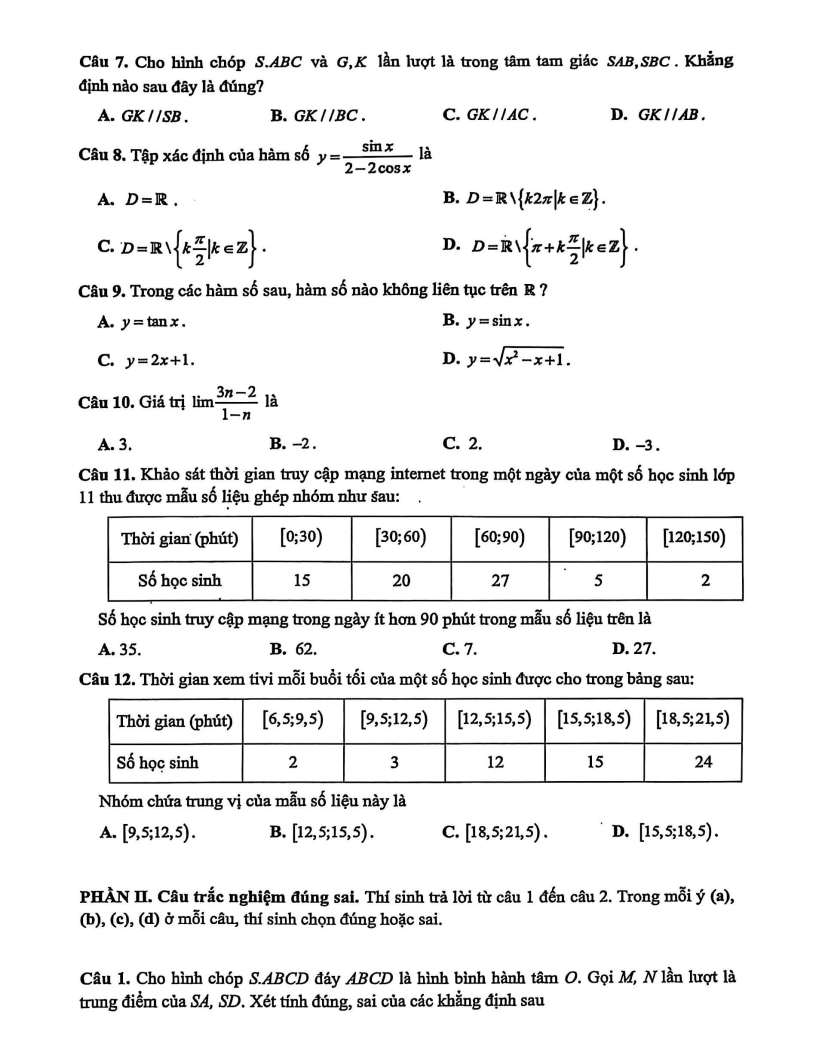 Đề thi Học kì 1 Toán 11 trường THPT Hoài Đức A (Hà Nội) năm 2025-2026