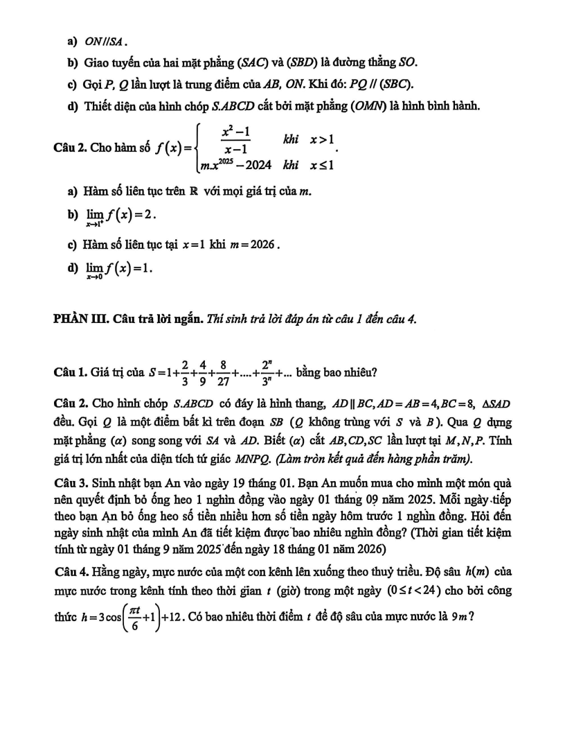 Đề thi Học kì 1 Toán 11 trường THPT Hoài Đức A (Hà Nội) năm 2025-2026