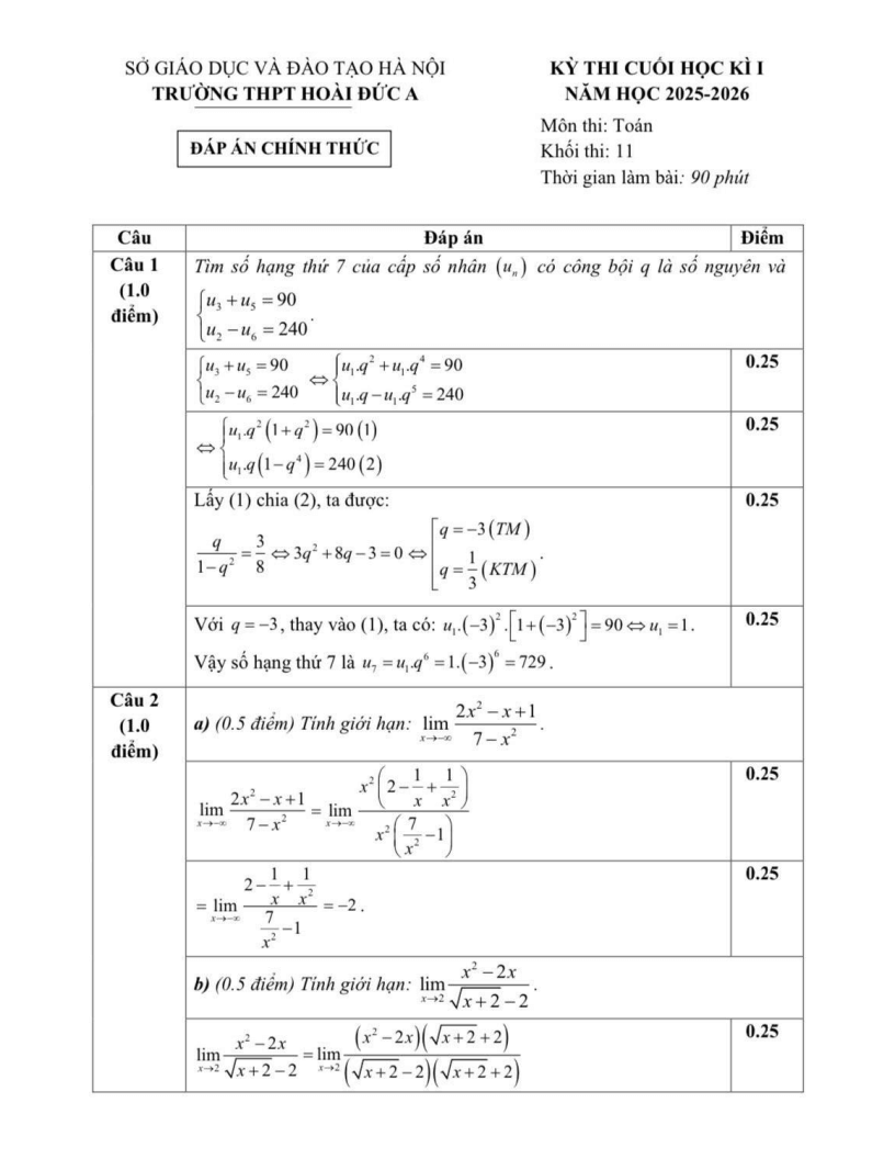 Đề thi Học kì 1 Toán 11 trường THPT Hoài Đức A (Hà Nội) năm 2025-2026