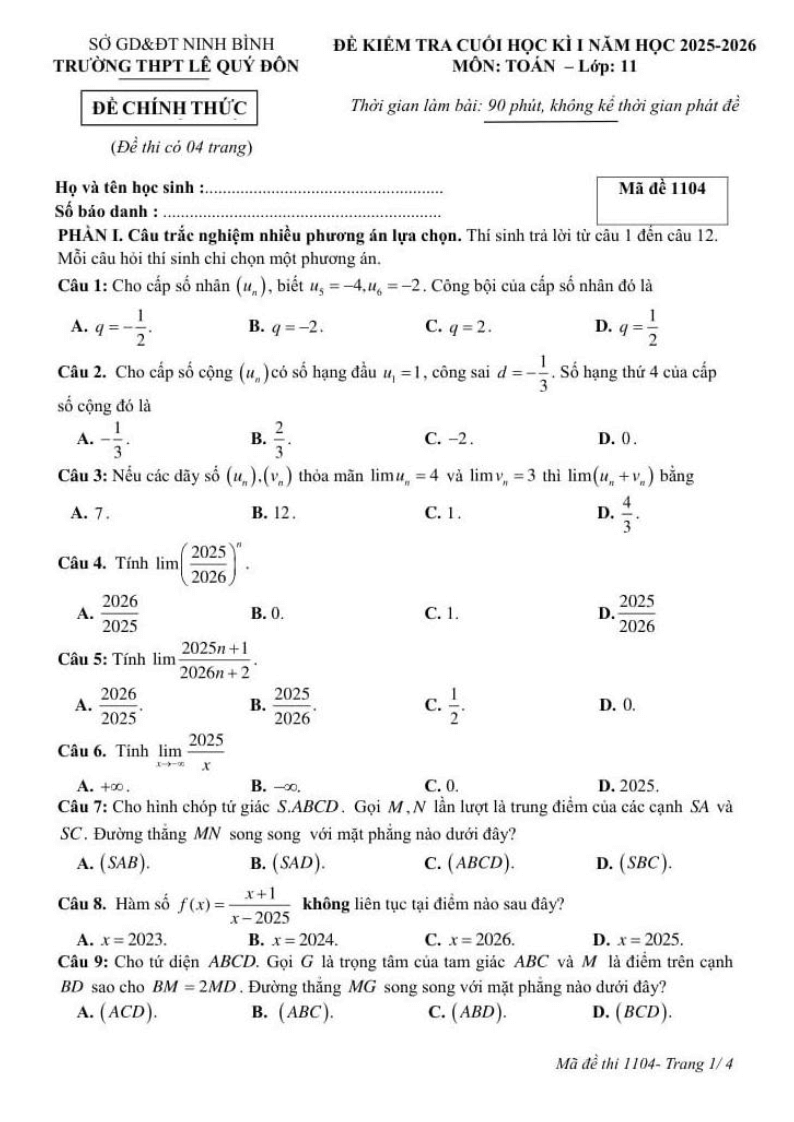 Đề thi Học kì 1 Toán 11 trường THPT Lê Quý Đôn (Ninh Bình) năm 2025-2026